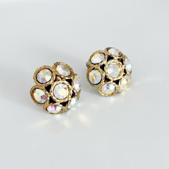 Vintage Aurora Borealis Dome Clip On Earrings - Picture 4 of 13